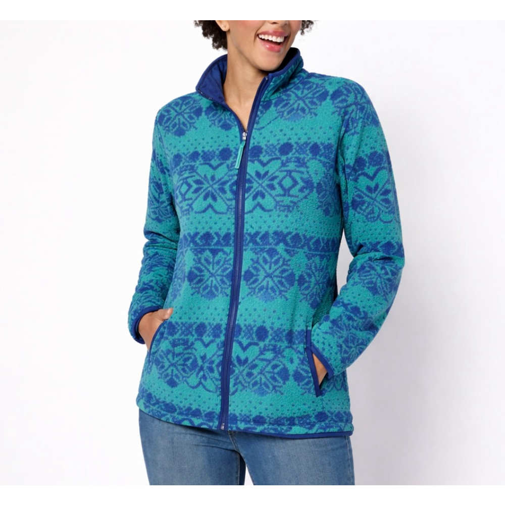 Lands' End Teal Blue Snowflake Fleece Jacket L